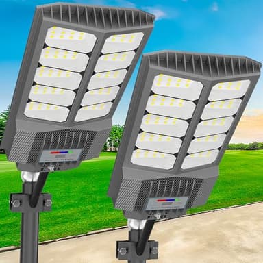 loyoele Solar Street Light with Pole Mount, Dusk-to-Dawn Outdoor LED, 300000 LM, 7000K IP67 Weatherproof, Adjustable Modes, for Yard, Parking Lot, Street, Pathway