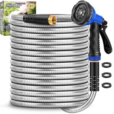 Garden Hose 50 ft, Heavy Duty Stainless Steel Metal Hose, Flexible Water Hose with 10 Function Nozzles, Kink Free, Leak-Proof, Easy to Use and Store for Outdoor, Yard, Lawn, RV, Car Wash