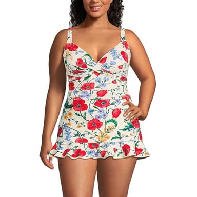 Lands' End Women's V-Neck Wrap Midkini Top Egret/Poppy Floral Plus 16w
