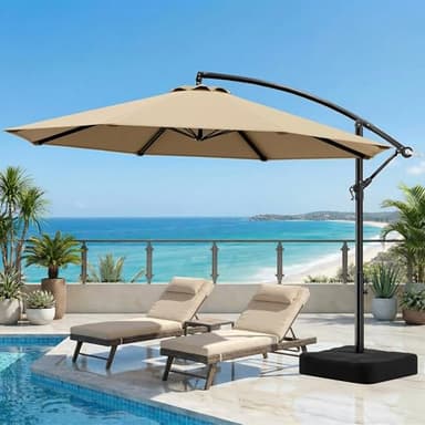 OLILAWN Cantilever Offset Patio Umbrellas, Outdoor 10 feet Large Patio Umbrella with Base Included, Upgraded Yarn-dyed Fabric Shade, Sturdy 8 Rids, 360 Degree Rotation & Easy Tilt Adjustment, for Pool Deck Porch Backyard Garden, Beige
