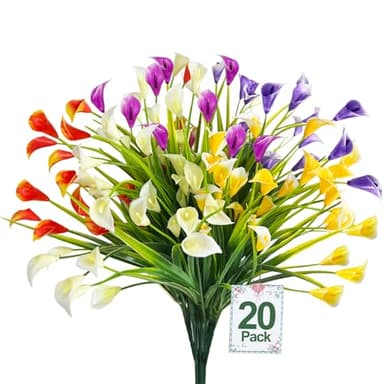 TURNMEON 20 Bundles Calla Lily (400 Heads) Artificial Flowers for Outdoors, Fake Plants UV Resistant Faux Plastic Fake Flowers for Indoor Planter Porch Gardens Home Summer Cemetery Decor(Color Mix)