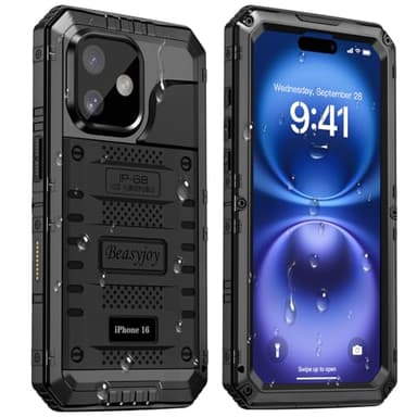 Beasyjoy for iPhone 16 Case Waterproof, Metal Heavy Duty Full Body Protective Case with Built-in Screen Protector, Military Grade Shockproof Dustproof Defender Rugged Cover for iPhone 16 6.1" Black
