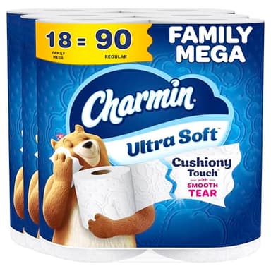Charmin Ultra Soft Cushiony Touch Toilet Paper, 18 Family Mega Rolls = 90 Regular Rolls