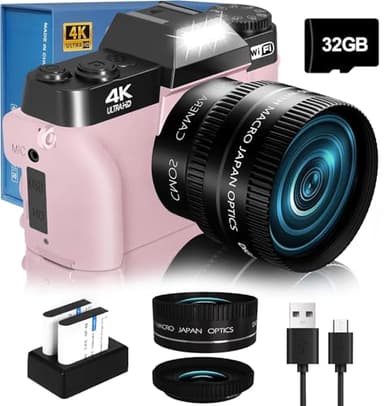 2026 Upgrade VJIANGER Digital Camera for Photography Vlogging Camera for YouTube with WiFi, 180° Flip Screen, 16X Digital Zoom, 52mm Lens, 2 Batteries, 32GB Micro SD Card(Pink)