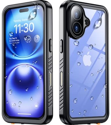 SPIDERCASE for iPhone 16 Case with Lanyard, 12FT Military Heavy Duty Rugged IP68 Underwater Full Body Sealed Protection Phone Case 6.1”, [Built-in Camera & Screen Protector], Black/Clear