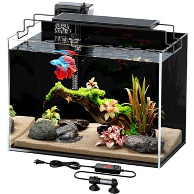 5 Gallon Fish Tank Aquarium Kit with Heater, HOB Filter, LED Light with Timer, Lid, Siphon Vacuum Cleaner, Self Cleaning Glass Rimless Betta Tank