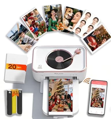 CP6000 4x6 Photo Printer, Wi-Fi Instant Phone Printer for iPhone Android, Full-Color Picture Printers with Bluetooth Speaker, Dye Sublimation, AR Video, 20 Sheets 1 Cartridge for Gift Home Use, White