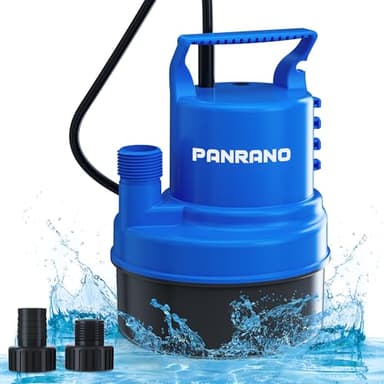 PANRANO 1/3 HP Submersible Water Pump 2000 GPH Portable Small Sump Pump For Pool Cover, Basements, Puddles, Gardens Ponds With 16.4 Ft Power Cord and Hose Adapters, Blue