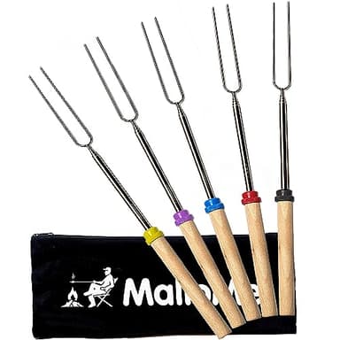MalloMe Smores Sticks for Fire Pit Long - Marshmallow Roasting Sticks Smores Kit - Smore Skewers Hot Dog Fork Campfire Cooking Equipment, Camping Essentials S'mores Gear Outdoor Accessories 32" 5 Pack