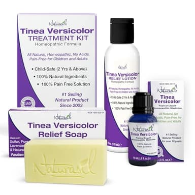 Tinea Versicolor Total Control Treatment Pack | Max-Strength Antifungal Relief of Tinea Sun Spots, Discoloration & Itching | Sulfur Lotion by Naturasil | 4oz Lotion + 4oz Soap + 15ml Oil