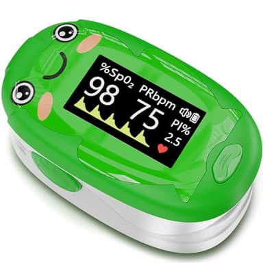 Alecaremed Pulse Oximeter for Kids, Adorable Animal Children Oxygen Monitor Fingertip with 20 × Memory, 4 Color OLED Display Blood Oxygen Saturation Monitor with Alarm, Batteries and Lanyard (Green)