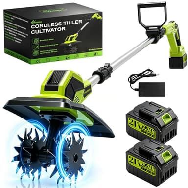 Cordless Tiller Cultivator, 400RPM Battery Powered Garden Cultivator, Portable Electric Tiller with 48 Steel Tines, 2 * Batteries, 9" Width & 6.7" Depth Tiller for Lawn, Gardening, Soil Turning