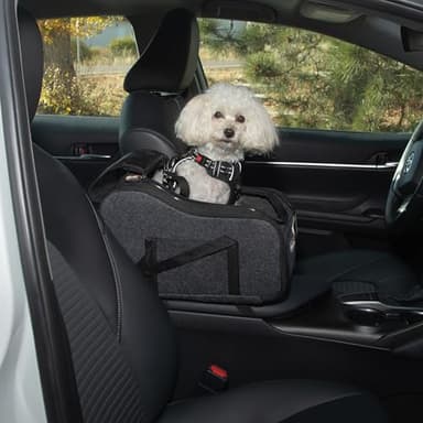 K&H Pet Products Center Console Dog Car Seat for Small Dogs & Cats, Secure Armrest Booster Pet Carrier with Safety Tether, Zippered Enclosure, 2 Pockets, Washable Plush Pad, for Pets Under 8 lbs.