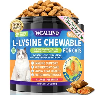 L-Lysine Chews for Cats 500 Chews, Immune & Respiratory Support Crunchy Shell with Krill Core, with Colostrum & Omega-3s for Sneezing and Runny Nose, Chicken Flavor, for All Ages & Breeds Cats