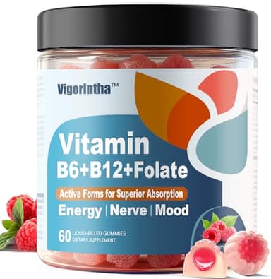 Vigorintha Methylated Vitamin B6, B12 & Folate Gummies, Vitamin B6 Supplement with Methylated B12& L-Methylfolate for Energy, Brain & Nerve, Sugar Free, Vegan, 60 Gummies.