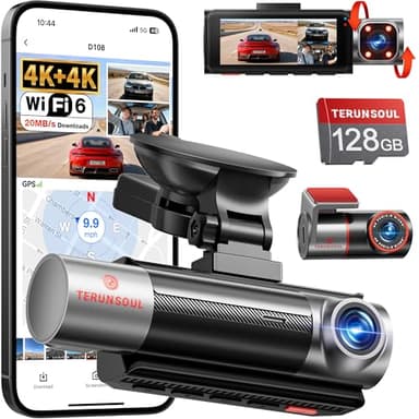TERUNSOUl 4K+4K+1080P 3 Channel Dash Cam Front and Rear with Cabin, Free 128GB Card Included, 5.8GHz WIFI6 - up to 20MB/s, IR Night Vision, Built-in GPS, G-Sensor, 24H Parking Mode, Support 512GB Max