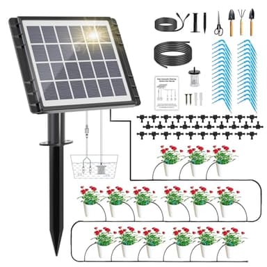 HEKIWAY 82FT Solar Drip Irrigation System, Auto Watering Kit for 30 Pots, Solar-Powered Plant Watering, 25 Timer Modes, 900ml/min Flow Indoor/Outdoor Garden, Balcony & Patio Irrigation System
