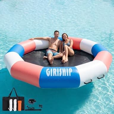 GIRISHIP Inflatable Water Trampoline for Lake, 8/10/12/15FT Heavy Duty Floating Lake Trampoline for Water with Pump & Ladder, Ocean Pool Jumping Platform for Family & Adults