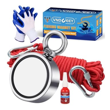 VNDUEEY Strong Magnet Fishing Kit, 1000LBS(453KG) Pulling Force Double-Sided Fishing Magnets Neodymium Magnetic Fishing Kit with 20m (65 Foot) Durable Rope and Protective Gloves