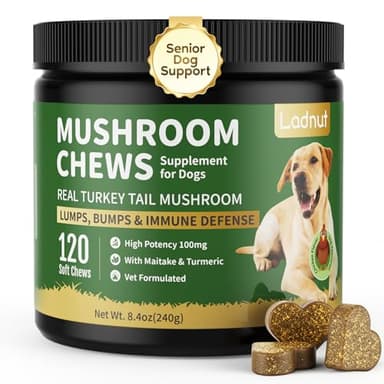 Turkey Tail Mushroom for Dogs,Senior Dog Supplement for Lumps, Bumps & Lipoma,Soft Chews with Reishi, Maitake, Turmeric & Astragalus,Supports Immune Health,Natural Chicken Flavor, 120 Count