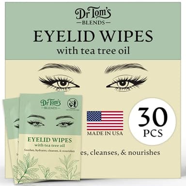 Dr. Tom's Blends 30pc Tea Tree Oil Eyelid & Lash Wipes - For Dry & Itchy Eyes, Individually Wrapped Eyelash Wipes, Makeup Remover & Daily Eye Cleanser