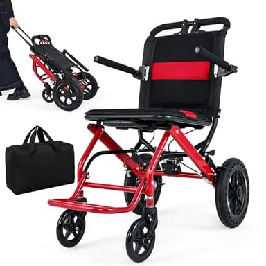 Ultra Lightweight Folding Wheelchair for Adults, 12" Big Rear Tires Transport Wheelchairs, Foldable Portable Travel Wheelchairs for Adults and Seniors Support 220lbs, Airline Approved