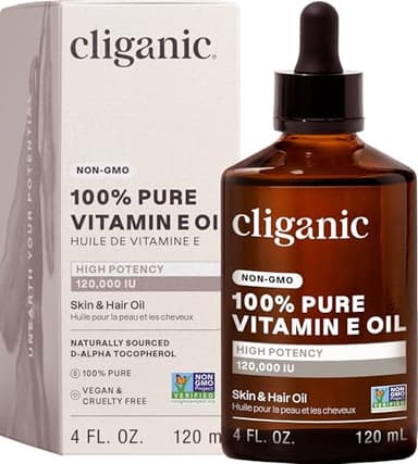 Cliganic Pure Vitamin E Oil for Skin, Scars, Hair & Face - 120,000 IU, Non-GMO Verified | Natural D-Alpha Tocopherol