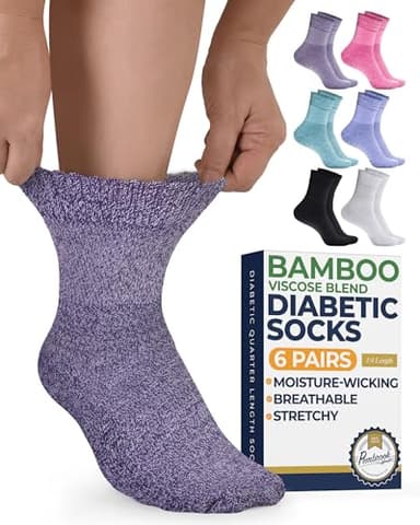 Pembrook Bamboo Viscose Diabetic Socks for Women & Men - 6 Pairs Ankle Socks for Swollen Feet | Neuropathy | Wide Calf | Edema