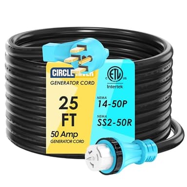 CircleRiver 50 Amp 25 Feet Generator Extension Cord, NEMA 14-50P Male to SS2-50R & CS6364 STW 6/3+8/1 AWG 125/250V Generator Power Cord Twist Lock Connectors for Generator to House