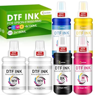 CenDale Upgraded Auto-Fill DTF Ink - 700ML DTF Transfer Ink for Epson ET-8550 ET-8500 Printers, Heat Transfer Printing Set 100ml x 4 CMYK, 150 x 2 White (Anti-UV/ICC-Free)