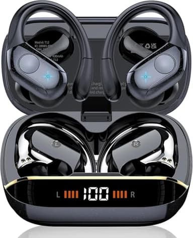 Qecnato Wireless Earbuds Bluetooth 5.4 Headphones 75H Stereo Deep Bass Sports Over Ear Buds with Earhooks, LED Display Bluetooth Earbuds with 4 ENC Mic, IP7 Waterproof Earphone for Running