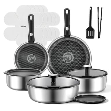 JEETEE Hybrid Tri-Ply Stainless Steel Cookware Set, 18pcs Pots and Pans Set Non Stick with Detachable Handles, Induction Cookware Set Kitchen Cooking Sets, RV/Camping Cookware, Dishwasher & Oven Safe