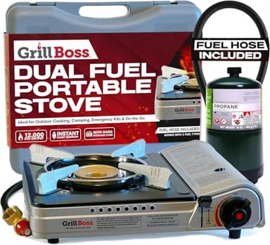 Grill Boss Dual Fuel Camp Stove - 12,000 BTU Butane & Propane Portable Stoves for Camping, Emergencies, BBQ, Hiking & Backpacking - Double Wind Guard, Instant Piezo Ignition System - 90057