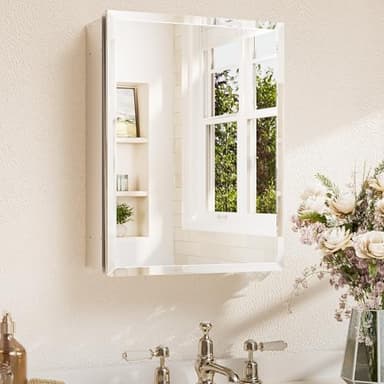 TETOTE 14 x 18 Medicine Cabinet with Tempered Beveled Mirror Silver Aluminum Cabinet DTC Hinges, Stepless Adjustable Shelf, Recessed/Surface-Mounted