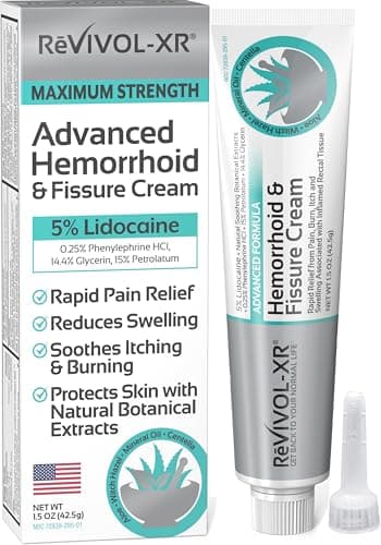 REVIVOL-XR Advanced Hemorrhoid Treatment. 5% Lidocaine + Shrinks + Protects Skin + Aloe + Witch Hazel + Botanicals, External & Internal Use. Most Complete OTC Ointment + Fissure Cream. Made in USA.