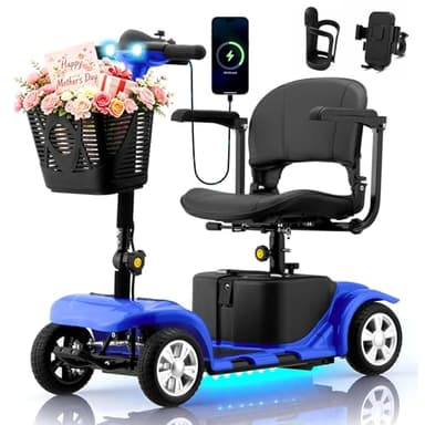 Mobility Scooter for Adults, 4 Wheels Lightweight Scooter, Foldable Mobility Scooter Long Range for Travel, Adults, Elderly, Supports 300 lbs, Powered Wheelchair with Charger & Basket (Blue)