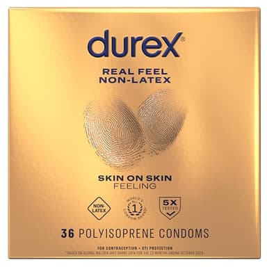 Durex Real Feel Non Latex Condoms, Lubricated Latex Free Condoms for Men, Natural Skin on Skin Feeling, 36 count