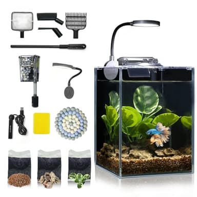 Desktop Small Aquarium Set Glass Fish Tank 1.25 Gallon, Heater Water Pump Filter Bright LED Light Gravel Cleaning Tool, Starter Kit Small Space Easy Setup Space-Saving Design Betta Shrimp