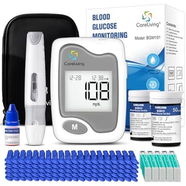 CareLiving BGM101 Blood Glucose Monitor Kit, 100 Test Strips, 100 Lancets, 1 Blood Glucose Meter, 1 Lancing Device, Diabetes Testing Kit, Portable Blood Sugar Test Kit, Glucometer Kit for Home