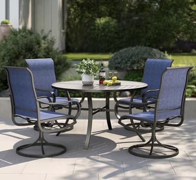 PHI VILLA 5 Piece Patio Dining Set with 4 Outdoor Swivel Dining Chairs & 1 Large Round Dining Table, All Weather Blue Textilene Mesh Fabric Chair and Round Metal Table for Deck Lawn Garden