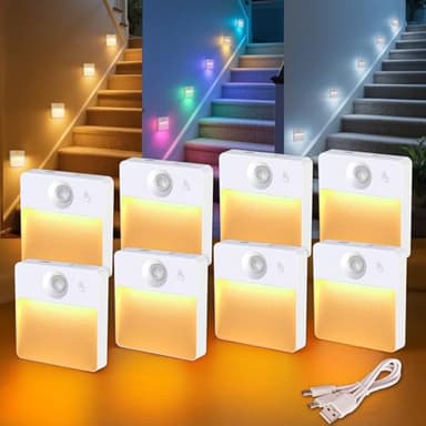 Guankai 8 Pack Rechargeable Motion Sensor Stair Light for Indoor, RGBW Battery Operated Closet Lights, Stick On Night Lamp, Motion Activated Magnetic Lighting Lamps for Step,Cabinet,Hallway,Bathroom