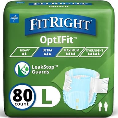 FitRight Adult Diapers, Ultra Heavy Absorbency, L (Waist Size 44in-56in), 80 Count, OptiFit Incontinence Briefs for Men and Women, Disposable, Moisture-Wicking, Leak Protection,
