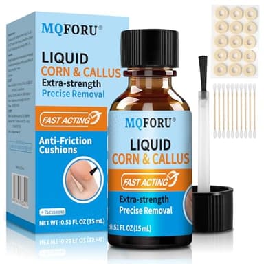 MQFORU Liquid Corn & Callus Removers for Toes & Feet, Extra Strength Corn Removal Fast Acting, 0.5 Fl oz + 15 Corn Cushions + 10 Swabs, Effective Foot Care Solution