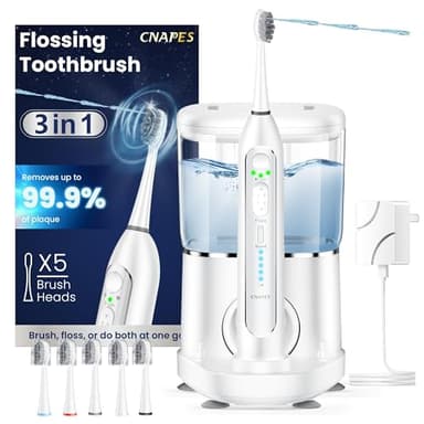Electric Toothbrush with Water Flosser 3 in 1 Combo, Advanced 2.0 Flossing Toothbrush for Adults, Cleaning Modes&5 Speeds, Rechargeable,5 Replacement Heads,17oz/500ML Cordless Water Flosser for Travel