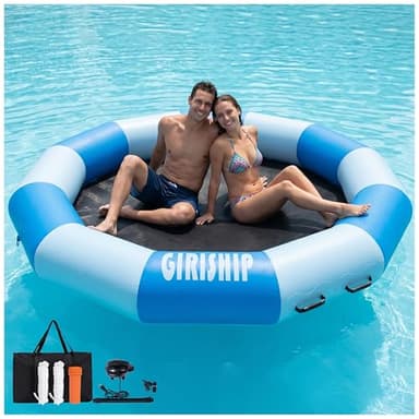 GIRISHIP Inflatable Water Trampoline for Lake, 8FT Heavy Duty Floating Lake Trampoline for Water with Pump & Ladder, Ocean Pool Jumping Platform for Family & Adults
