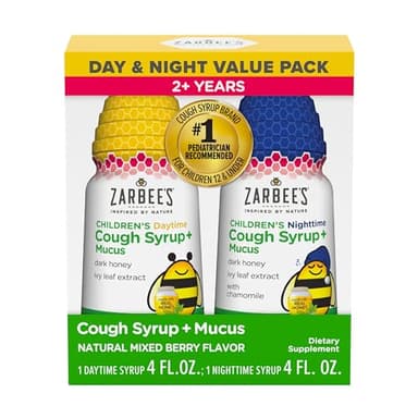 Zarbee's Children’s Honey Cough Syrup + Mucus Day & Night Value Pack, Daytime & Nighttime Toddler Cough Syrup, Dark Honey, Ivy Leaf Extract, Chamomile, Mixed Berry Flavor, 2X 4 Fl Oz