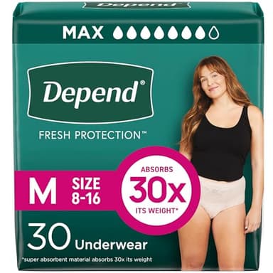 Depend Fresh Protection Adult Diapers, Incontinence & Postpartum Bladder Leak Underwear for Women, Disposable, Maximum, Medium, Blush, 30 Count, Packaging May Vary