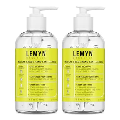 Lemyn Organics Medical‑Grade Hand Sanitizer Gel – 97 % Organic | 70 % USP Ethyl Alcohol | Moisturizing Aloe + Hyaluronic Acid | Freshly Made in USA | 8oz Bottle with Pump (PACK OF 2)