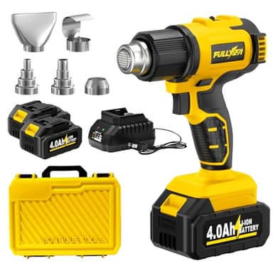 FULLYEA Cordless Heat Gun, Max 1022°F (550°C), Lightweight Hot Air Gun with 5 Nozzles & 2x4.0Ah Batteries, Portable Heat Gun Kit for Shrink Tubing, PVC Wrap, DIY Crafts (Yellow)