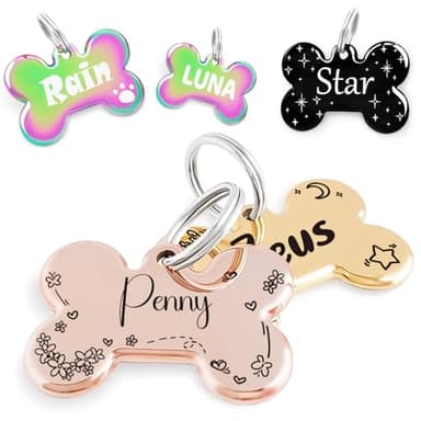 Name Pattern Art Design - Dog Tags Personalized for Pets - Custom Cats Dogs ID Tag - Stainless Steel Deep Engraving (Bone)